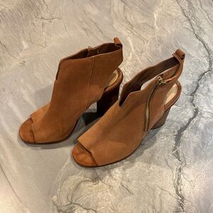 Gianni Bini Brown Heeled Boots with Peep-Toe Design